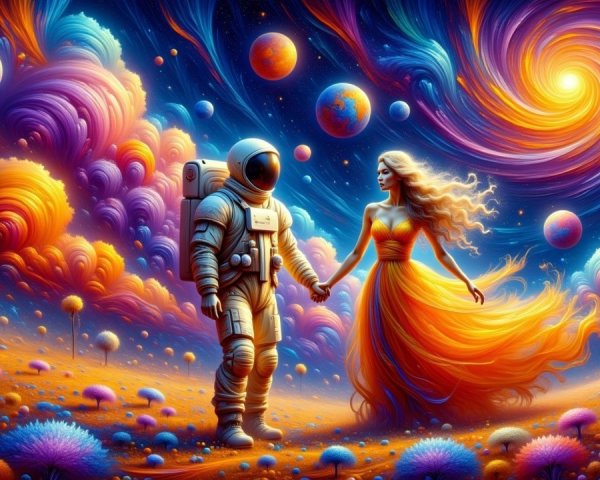 Astronaut and Figure in Cosmic Dreamlike Landscape