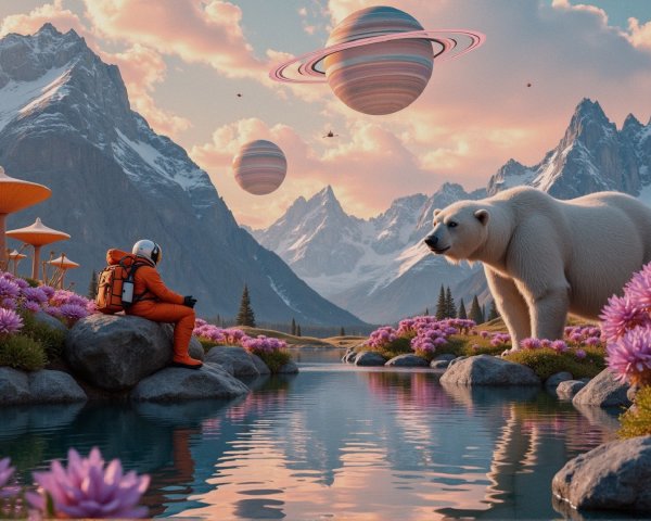 Astronaut by Crystalline River in Vibrant Landscape