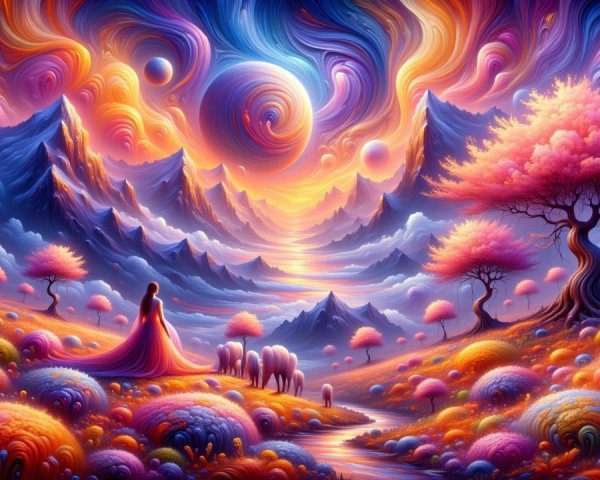 Surreal Landscape with Vibrant Colors and Serene Figure