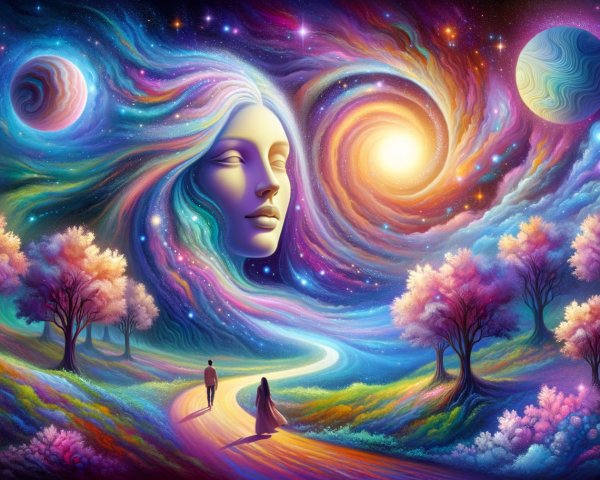Surreal Landscape with Cosmic Elements and Figures