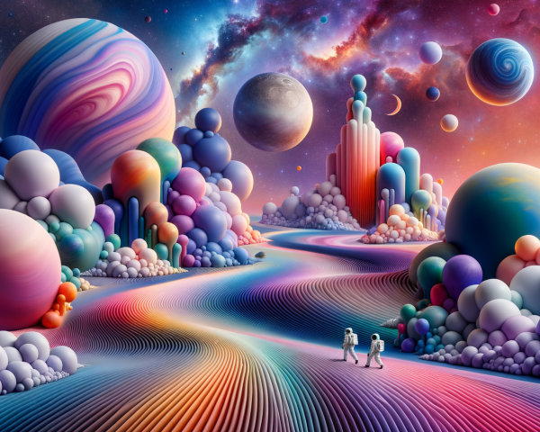 Astronauts in a Colorful Cosmic Landscape with Spheres