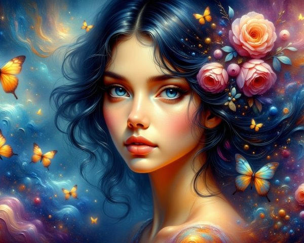 Portrait of a Young Woman with Blue Eyes and Roses