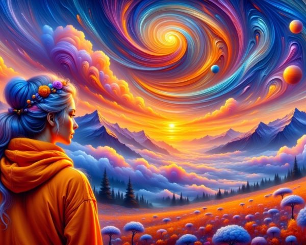 Serene figure gazing at a vibrant galaxy sunset