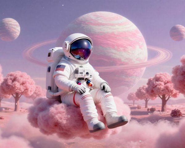 Astronaut in White Suit Amidst Dreamy Pink Clouds