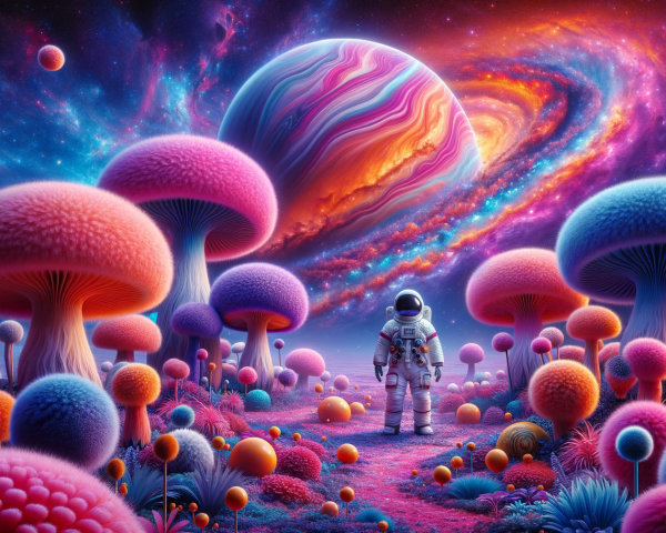 Astronaut in a Colorful, Surreal Mushroom Landscape