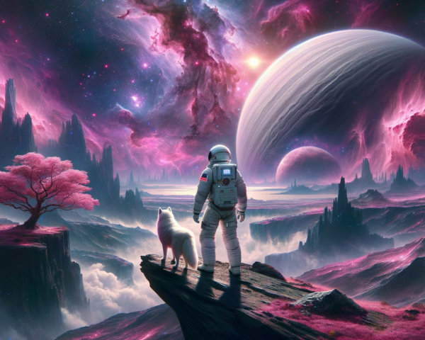 Astronaut and Wolf Against Cosmic Landscape and Nebulae