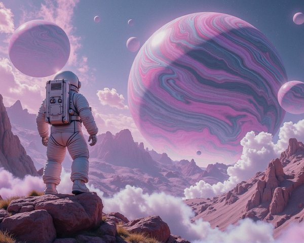 Astronaut in a surreal alien landscape with colorful sky