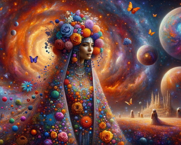 Cosmic Scene with Serene Figure in Floral Headdress