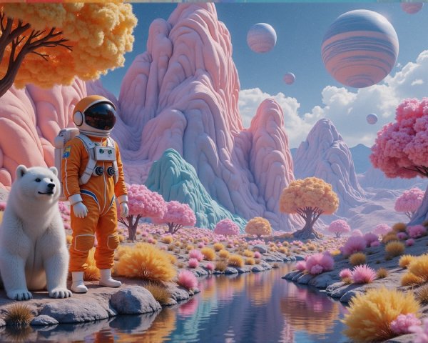 Astronaut and Polar Bear in a Surreal Landscape