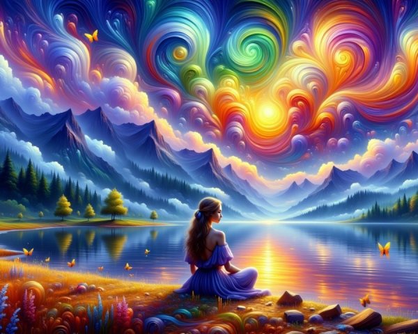 Vibrant Sunset Over Tranquil Lake and Mountains