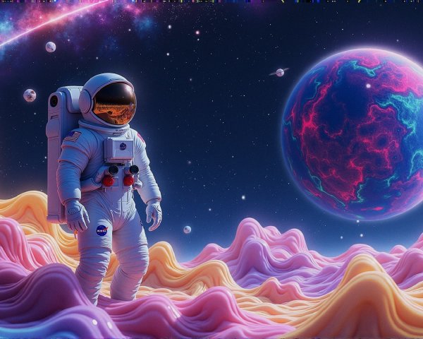 Astronaut on Surreal Alien Landscape with Glowing Planet
