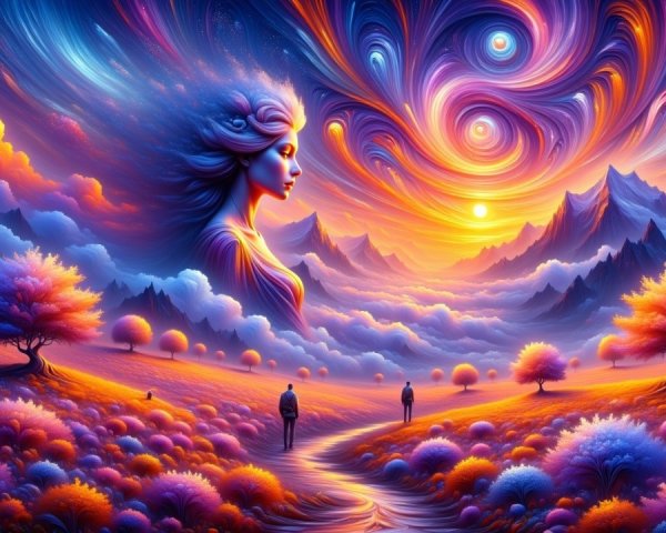 Surreal Landscape with Colorful Sky and Dreamy Valley