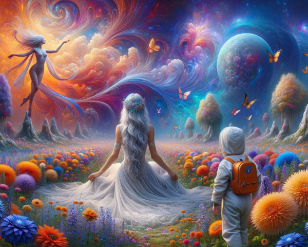 Otherworldly Landscape with Colorful Flowers and Figures