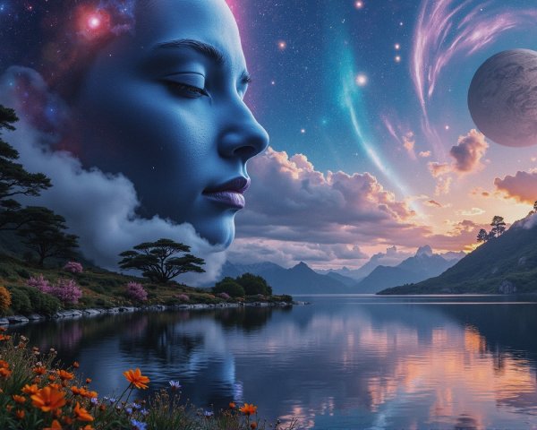 Tranquil Lake and Cosmic Landscape with Ethereal Woman
