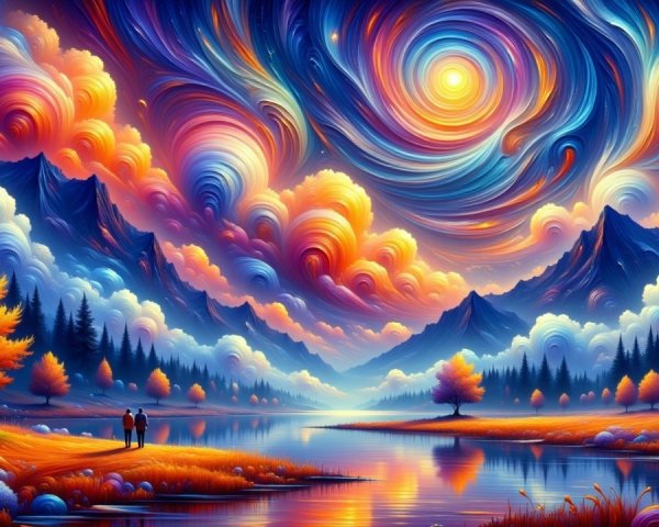 Surreal Landscape with Colorful Sky and Serene Lake