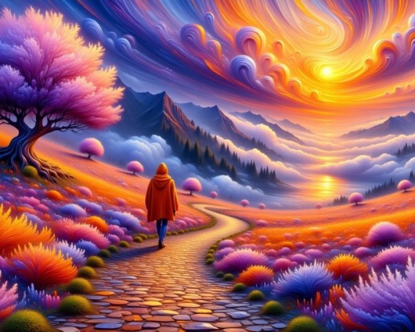 Vibrant Landscape with Sunset and Cobblestone Path