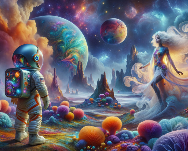Astronaut Observes Colorful Alien Landscape and Galaxies