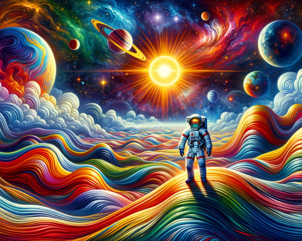 Vibrant Cosmic Landscape with Astronaut and Planets