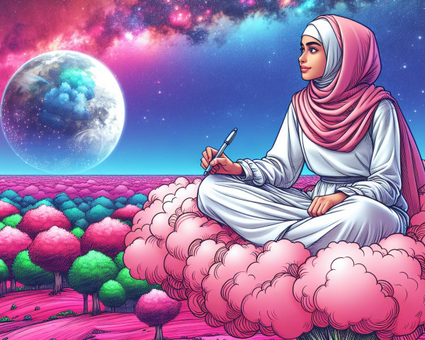 Digital Painting of Woman in White Dress on Pink Clouds