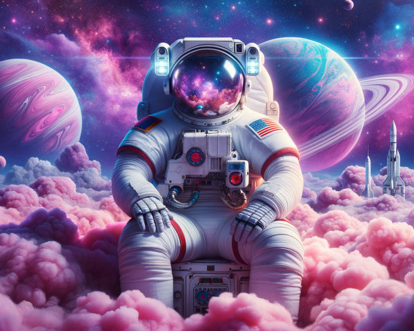 Astronaut Surrounded by Cosmic Clouds and Planets