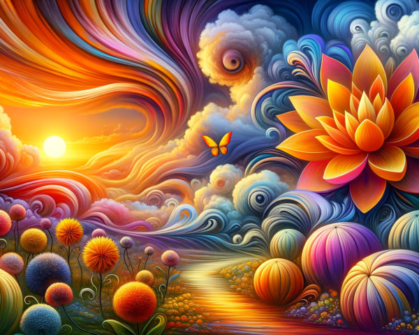 Vibrant Sunset Over Surreal Landscape with Lotus and Butterflies