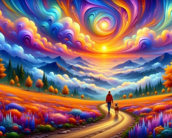 Vibrant Landscape with Colorful Clouds and Pathway