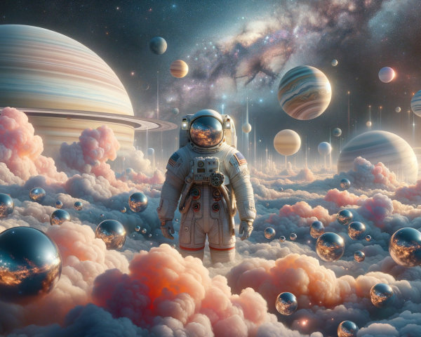 Astronaut in a Cosmic Landscape with Vibrant Planets