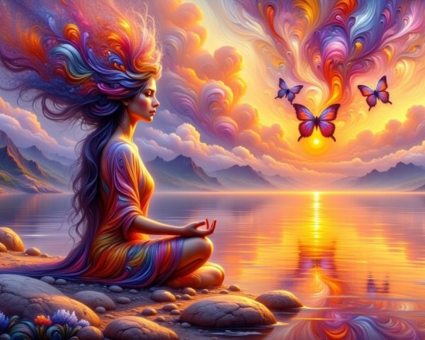 Serene Woman Meditating by a Tranquil Lake at Sunset