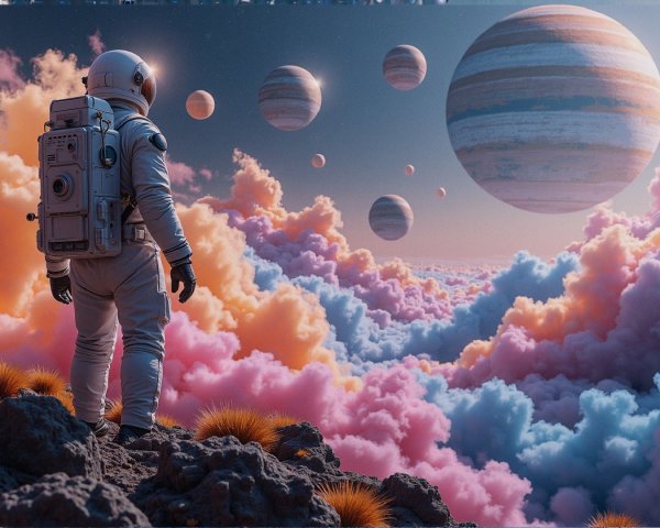 Astronaut on Rocky Surface in Surreal Space Landscape