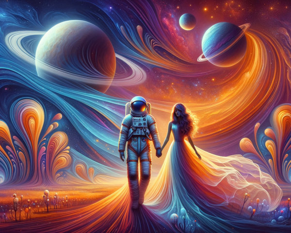 Astronaut and Woman in Cosmic Landscape Holding Hands