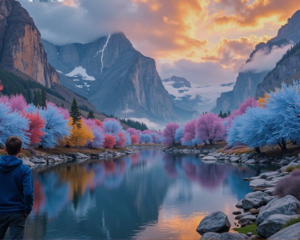 Vibrant Landscape with Pink and Blue Trees by River