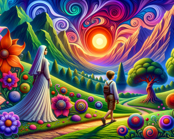 Vibrant Landscape with Woman and Boy Amidst Nature