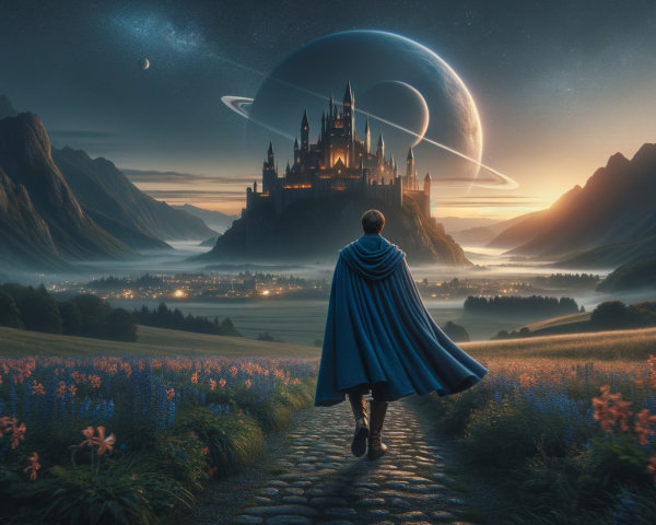Man in Blue Cape Walking Towards Fantasy Castle