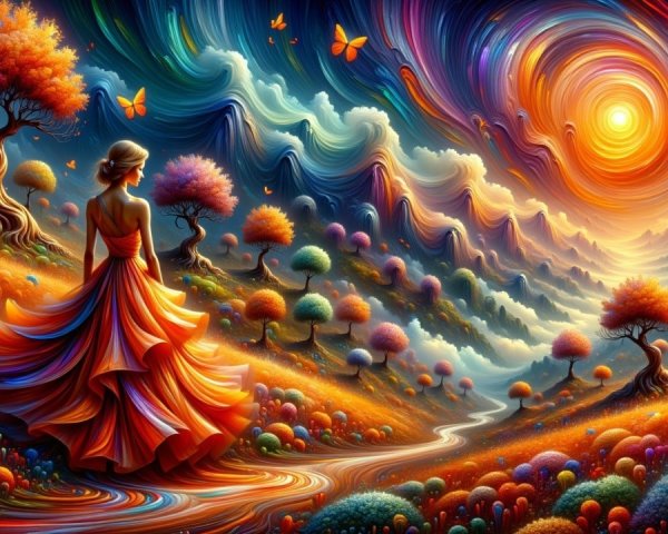 Vibrant Landscape with Woman at Colorful Sunset