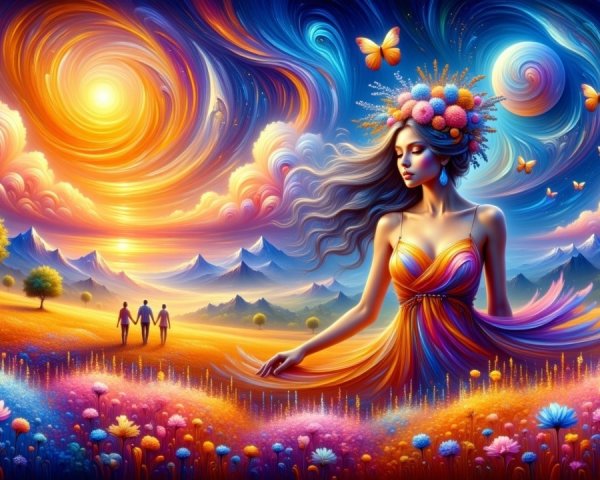 Surreal Landscape with Woman in Flower Crown