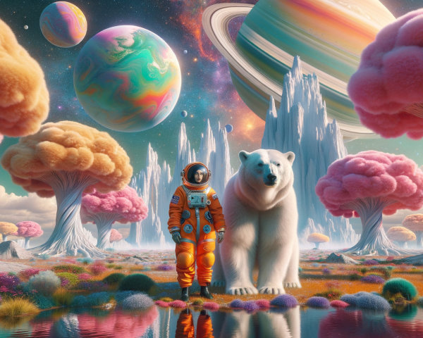 Astronaut and Polar Bear in Surreal Colorful Landscape