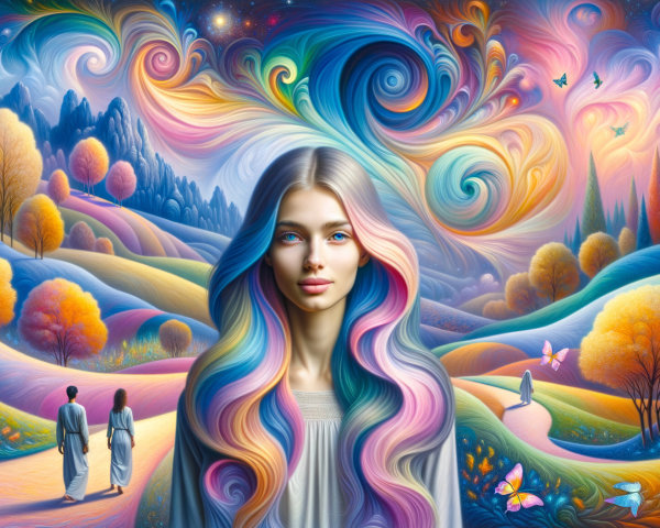 Surreal Landscape with Colorful Hair and Whimsical Elements