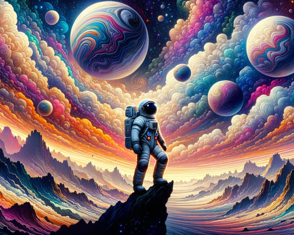 Astronaut on Rocky Peak in Vibrant Cosmic Landscape
