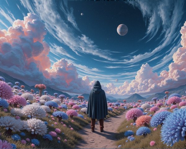 Hooded Figure on Winding Path in Colorful Flower Field