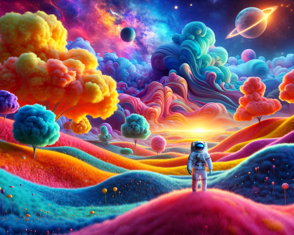 Surreal Landscape with Colorful Hills and Cosmic Sky