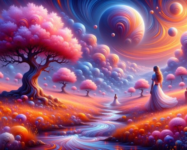 Vibrant Fantastical Landscape with Swirling Skies