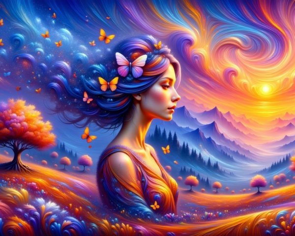 Surreal Landscape with Woman and Colorful Butterflies