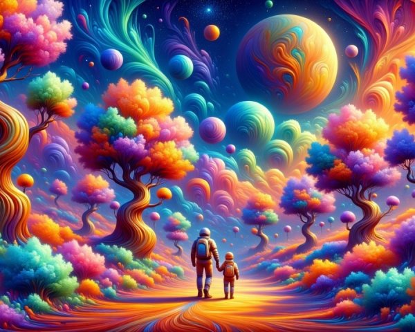 Surreal Landscape with Colorful Forest and Cosmos