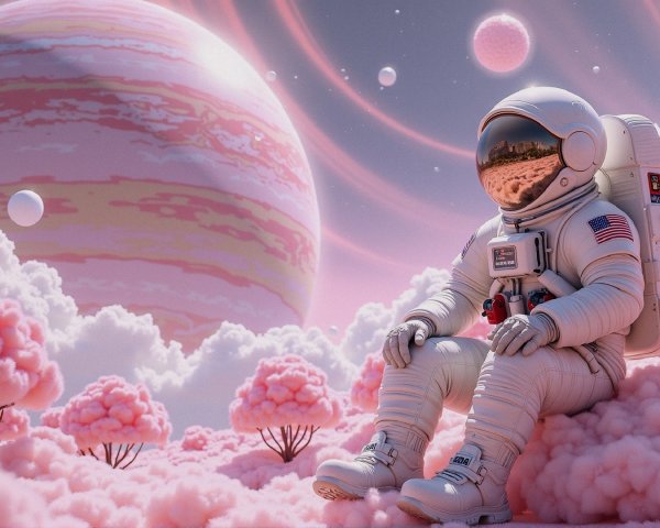 Astronaut on Pink Clouds in Candy-Colored Landscape