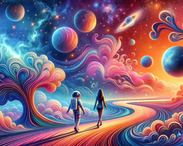 Surreal Landscape with Astronaut and Cosmic Elements