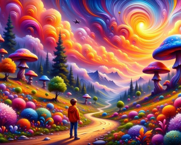 Vibrant Landscape with Oversized Mushrooms and Flowers