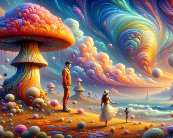 Surreal Landscape with Vibrant Mushrooms and Figures