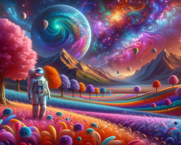Vibrant Cosmic Landscape with Astronaut and Hot Air Balloons