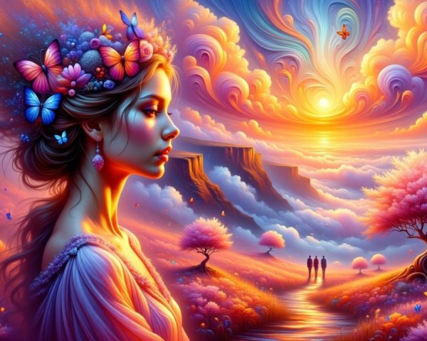 Serene Sunset Landscape with Floral Crown and Nature