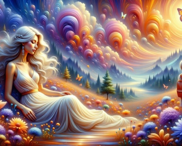 Dreamlike Landscape with Woman, Child, and Butterflies